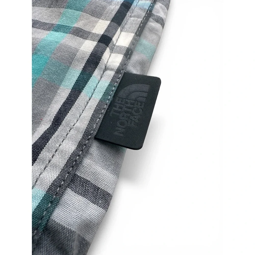 The North Face Button‎ Down Shirt Mens Medium Grey Teal Good Plaid Short Sleeve